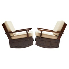 Chaises à bascule modernes du milieu du siècle dernier en bois de feuillus et coussins en bloc d'aqua crème, Brésil