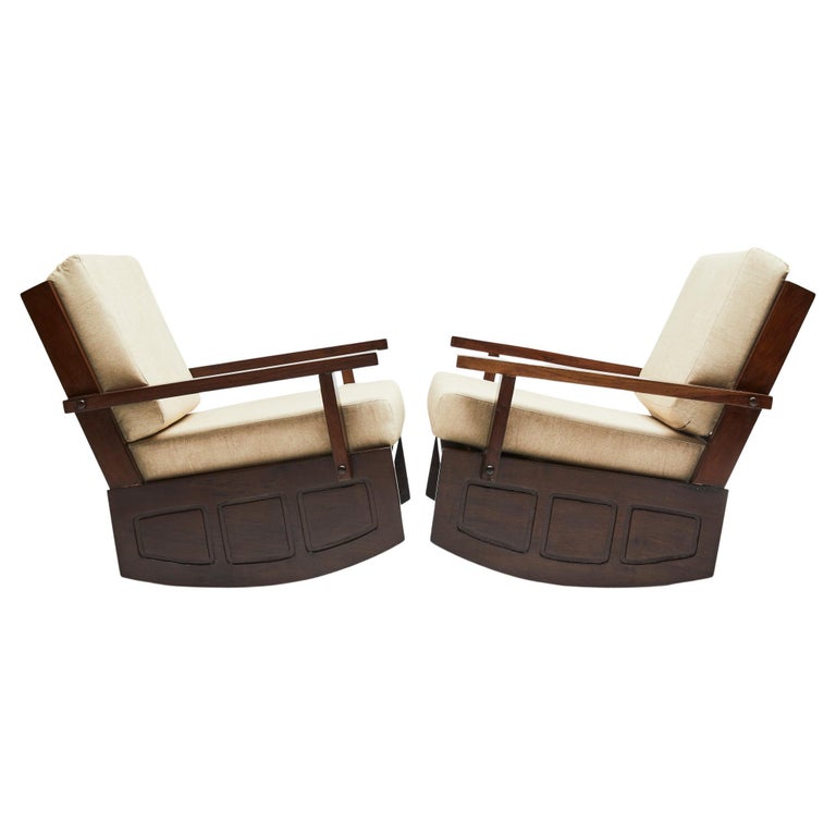 Midcentury Modern Rocking Chairs in Hardwood and Cream Aqua Block ...