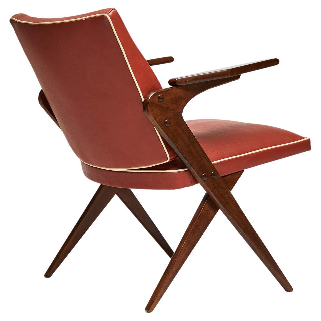 Mid-Century Modern Midcentury Armchair in Wood & Red Faux Leather by Jose Zanine Caldas, 1950s