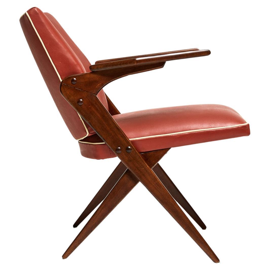 Midcentury Armchair in Wood & Red Faux Leather by Jose Zanine Caldas, 1950s