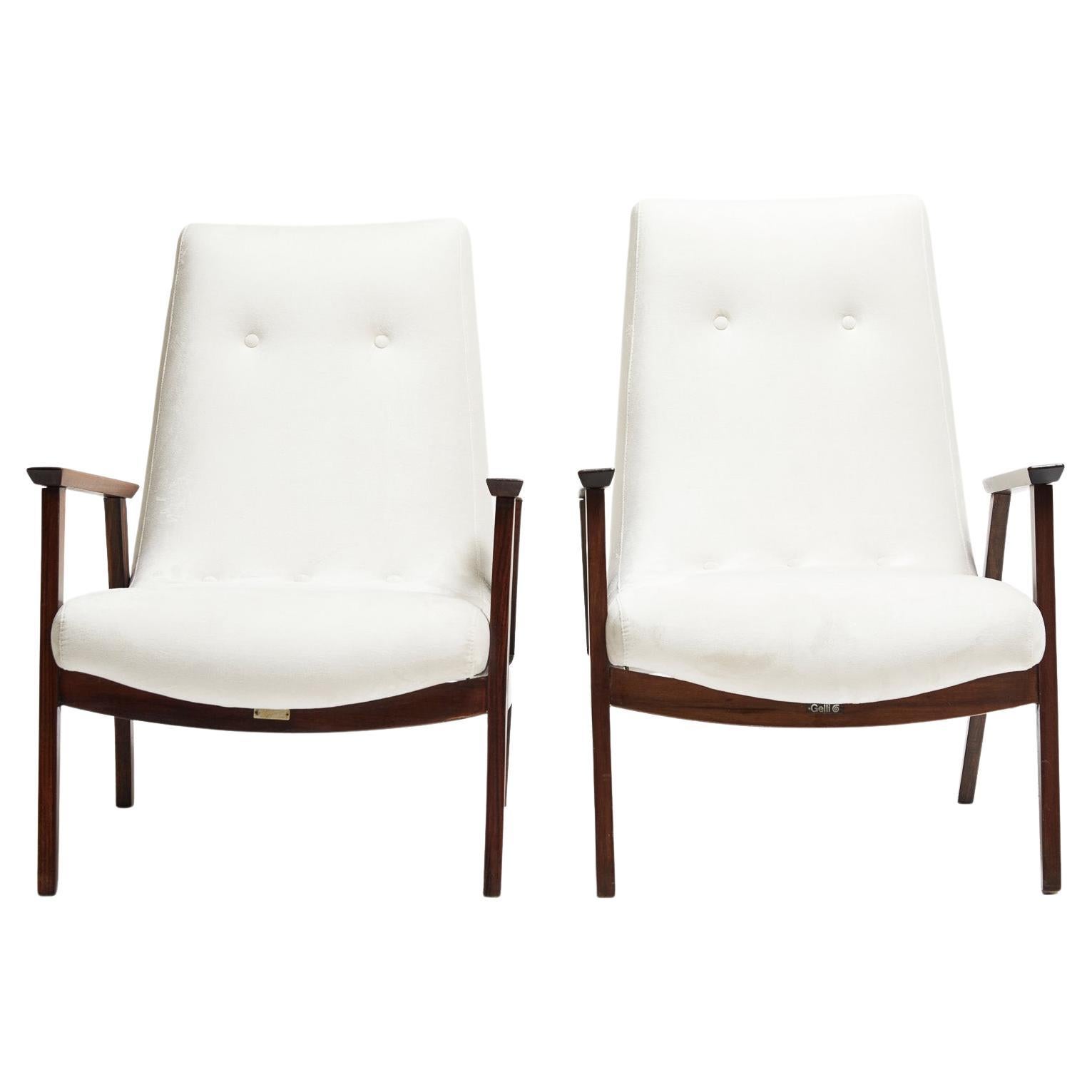 Mid-Century Modern Armchairs in Hardwood & White Suede by Gelli, ci 1960, Brazil