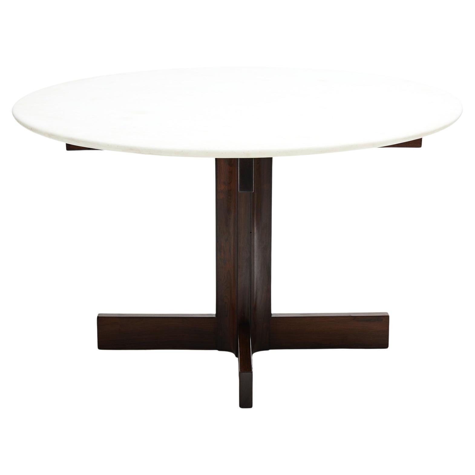 Midcentury Modern Round Dining Table in Hardwood & Marble by Celina, Brazil 1962 For Sale