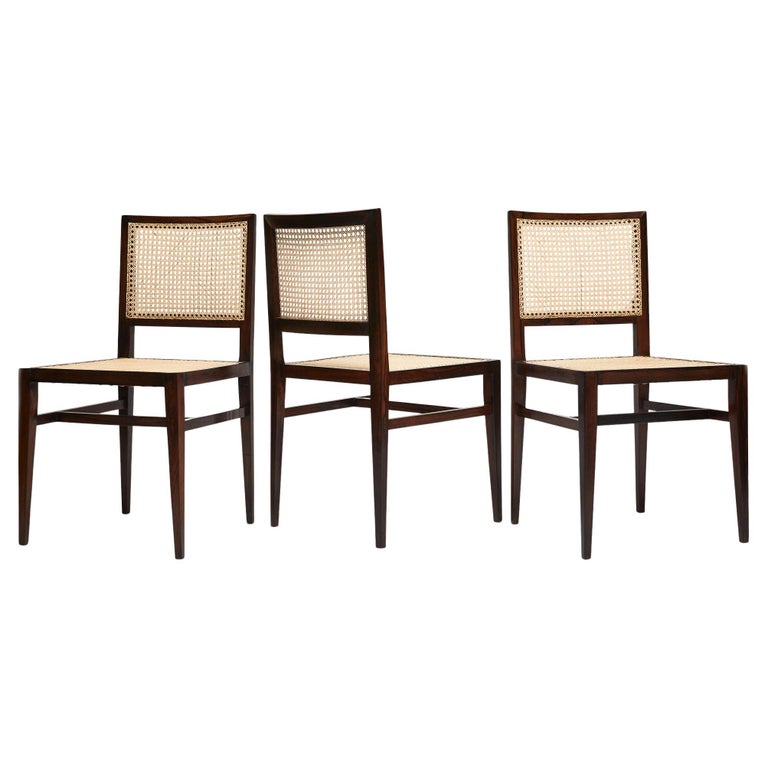 Three Midcentury Modern Hardwood and Cane Chairs by Joaquim Tenreiro