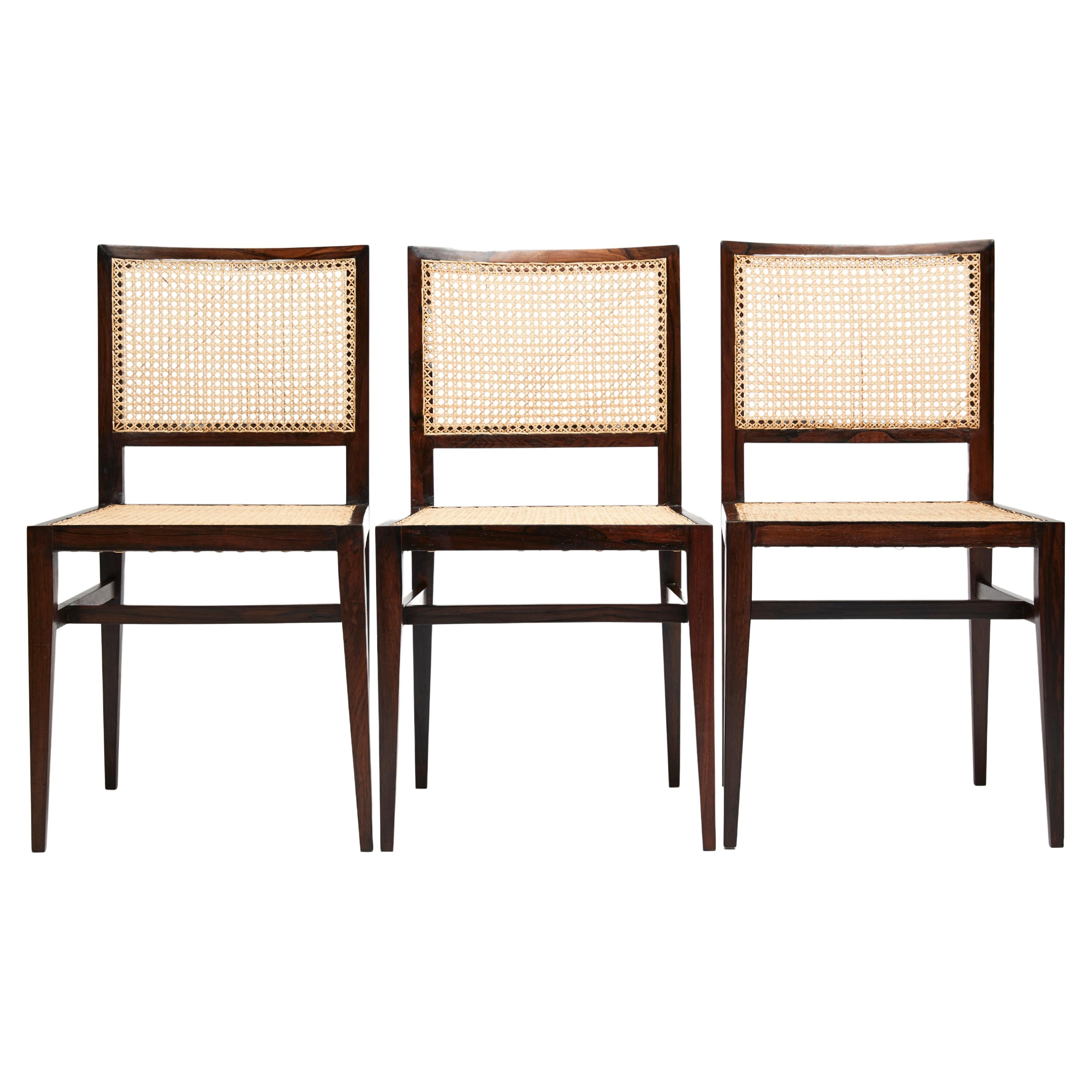 Three Mid-Century Modern Hardwood & Cane Chairs by Joaquim Tenreiro, 1950 Brazil For Sale