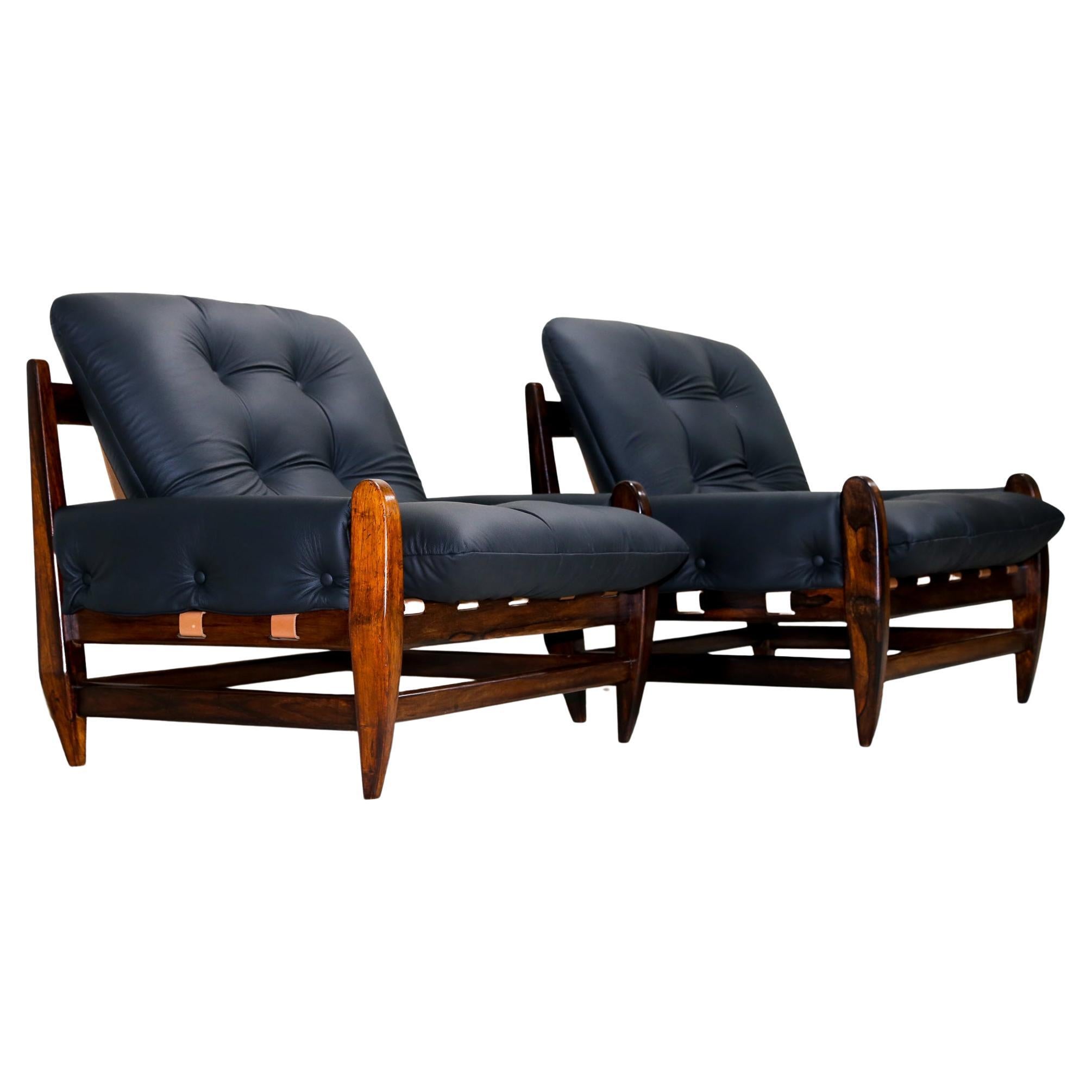 Brazilian Modern Armchairs in Hardwood & Black Leather, Jean Gillon, 1960 In Good Condition For Sale In New York, NY