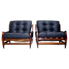 Brazilian Modern Armchairs in Hardwood & Black Leather, Jean Gillon, 1960