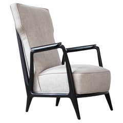 Sillón moderno de mediados de siglo en madera dura y tela gris, Scapinelli, años 50 Brasil
