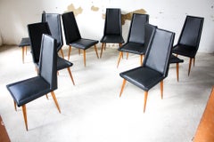 Brazilian Modern 10 Chair Set in Hardwood & Black Leather, G. Scapinelli Brazil