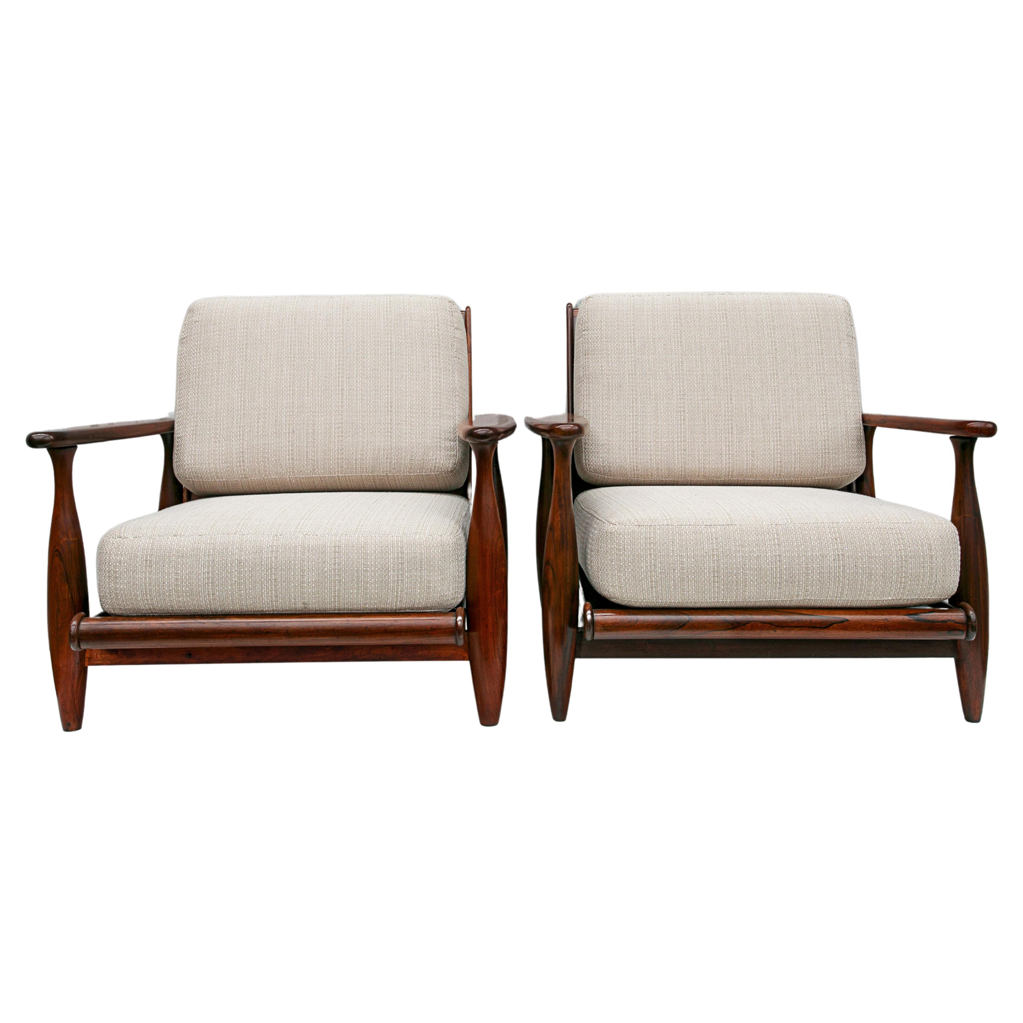 Brazilian Modern Armchairs in Hardwood & Beige Linen by Liceu De Artes, 1960s For Sale