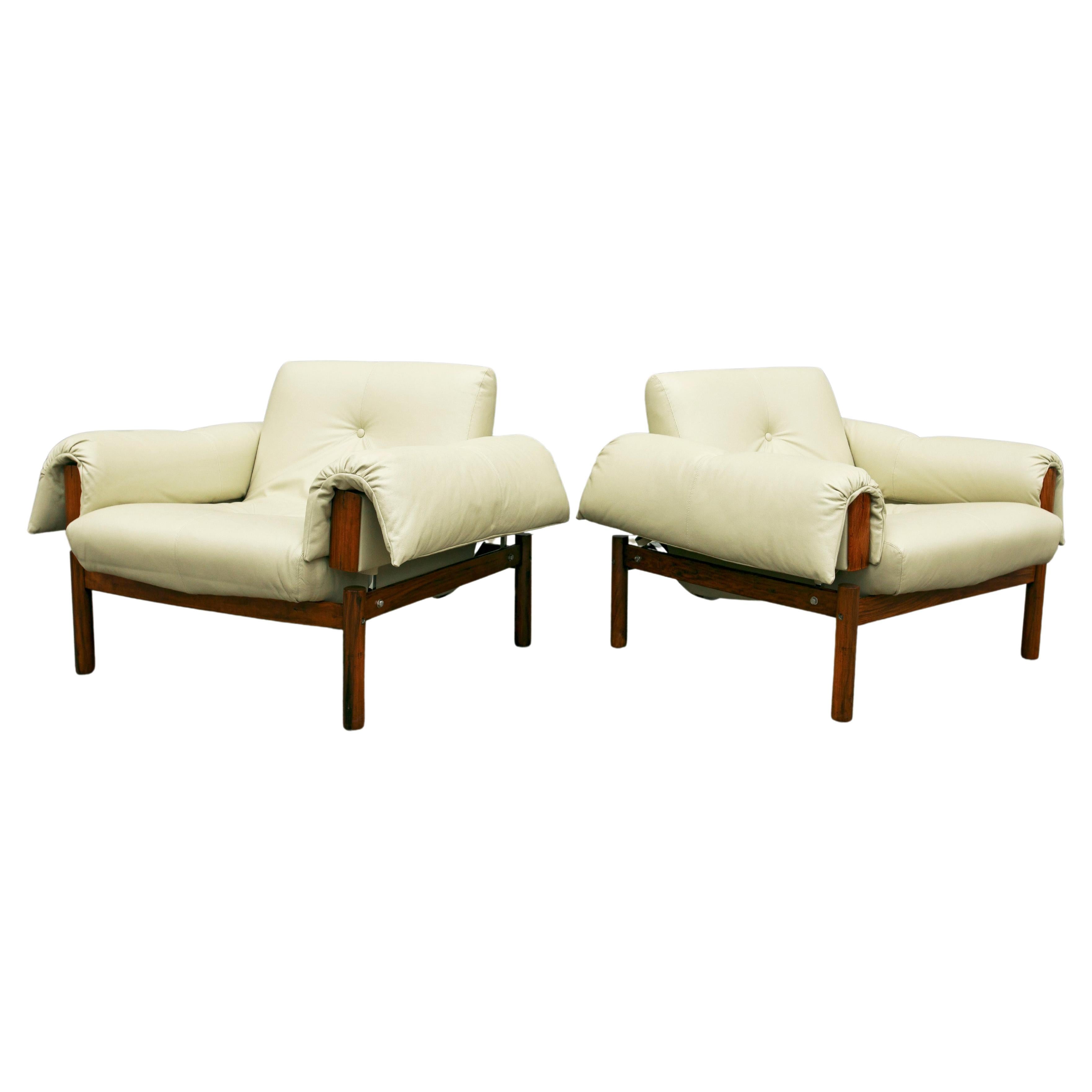 Midcentury Armchairs MP-13 by Percival Lafer in Hardwood & Beige Leather, Brazil For Sale