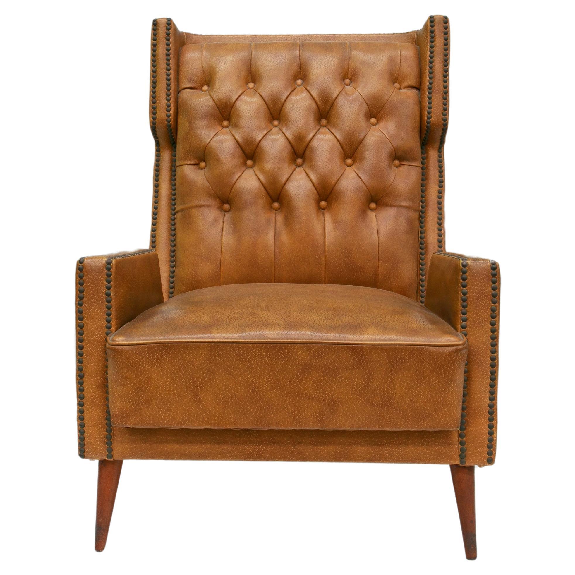 Fauteuil moderne brésilien en bois dur et similicuir marron, G. Scapinelli, années 1950