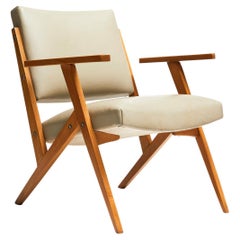 Poltrona moderna brasiliana in Wood e ecopelle color menta, Jose Zanine Caldas, anni '50