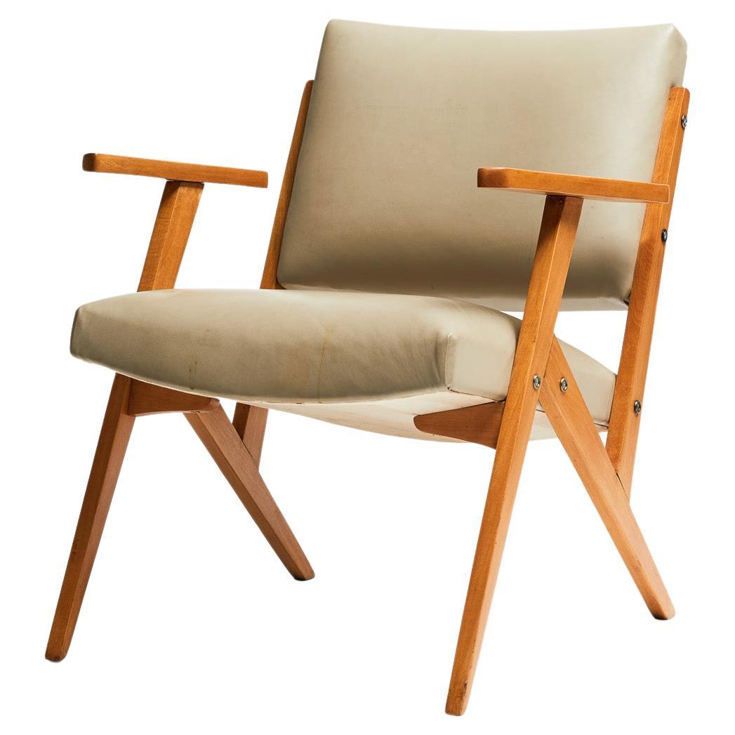 Brasilianischer moderner Sessel aus Holz und mintfarbenem Kunstleder, Jose Zanine Caldas, 1950er Jahre