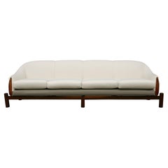 Vintage Brazilian Modern Sofa in Hardwood, Grey Leather & White Fabric by Cimo, 1960s