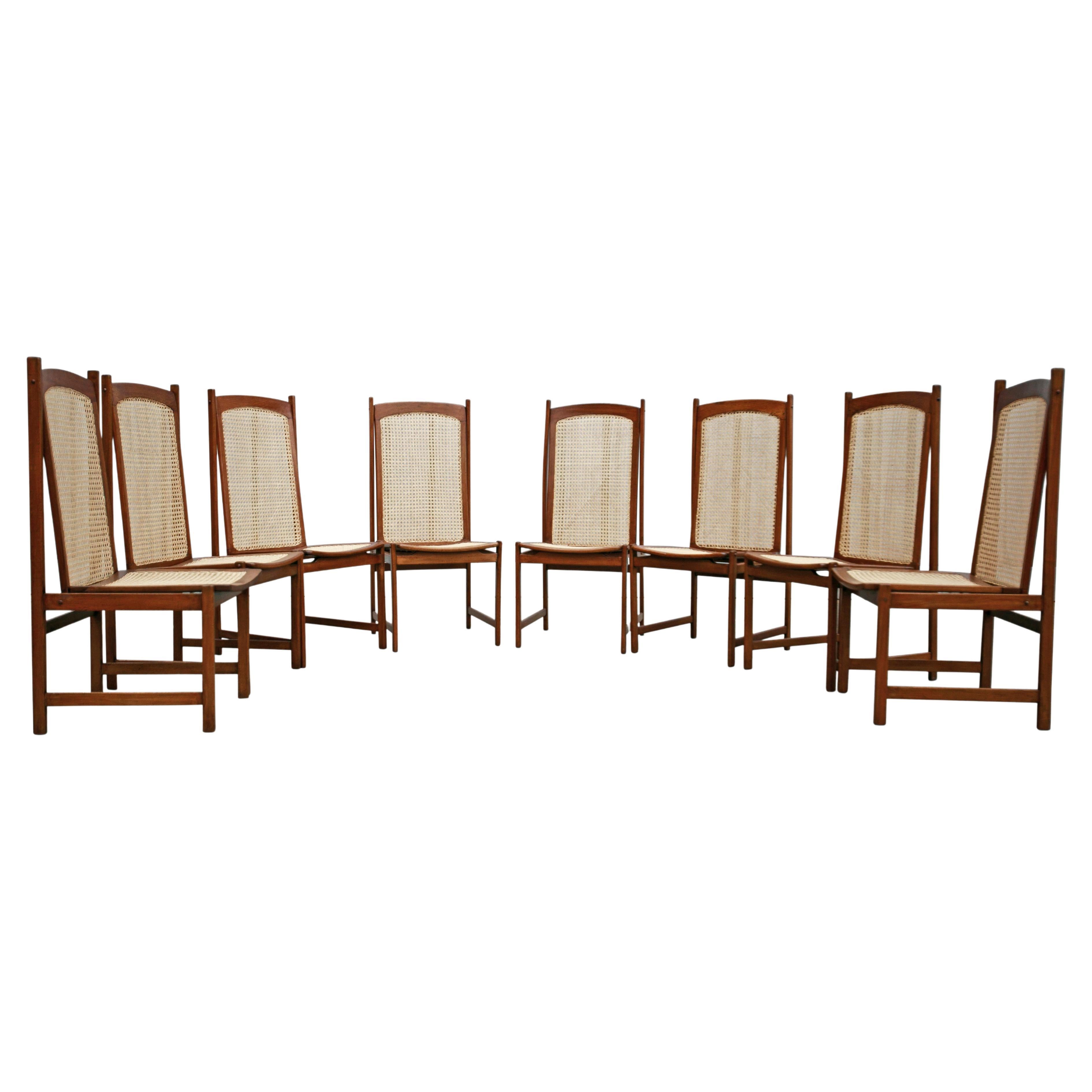 Brazilian Mid-Century Modern Dining Chair Set in Hardwood & Caning, Celina, Brazil, 1960s For Sale