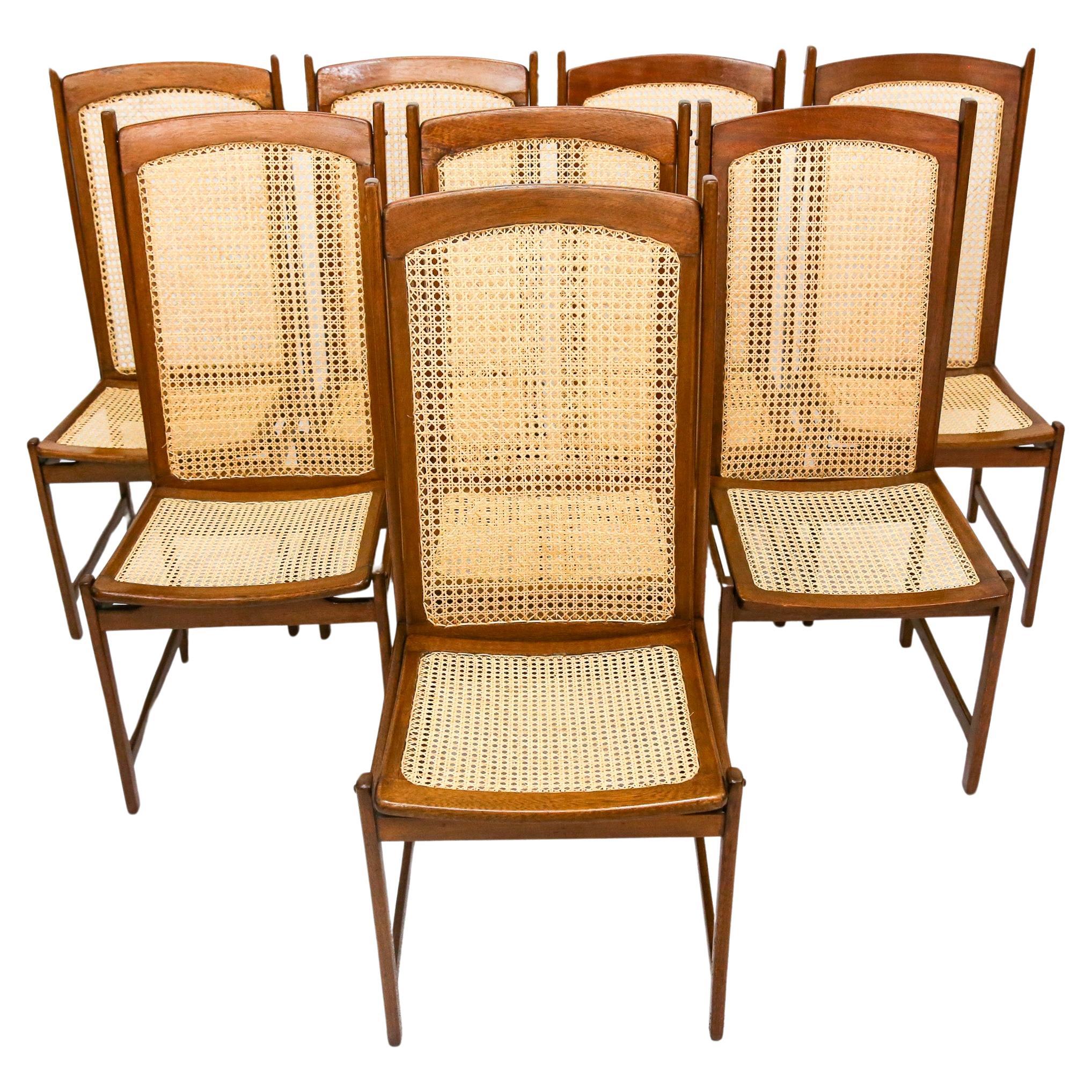 Mid-Century Modern Dining Chair Set in Hardwood & Caning, Celina, Brazil, 1960s For Sale