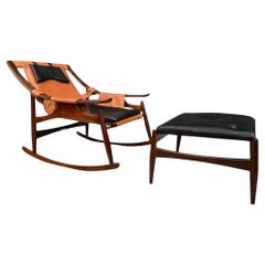 Chaise à bascule moderne brésilienne en bois de feuillus et cuir, Liceu de Artes