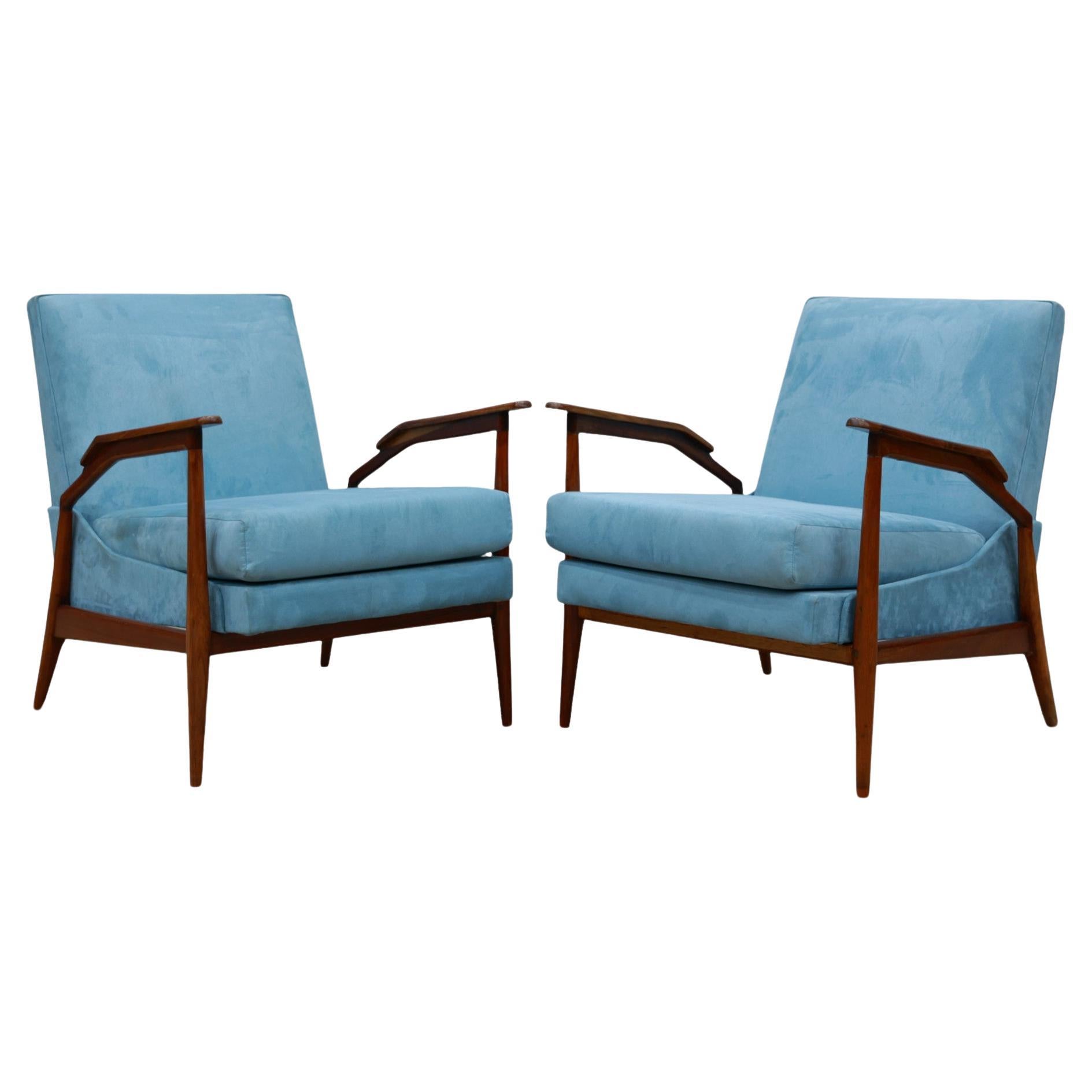 Mid Century Modern Armchairs in Hardwood and Fabric by Giuseppe Scapinelli, Braz