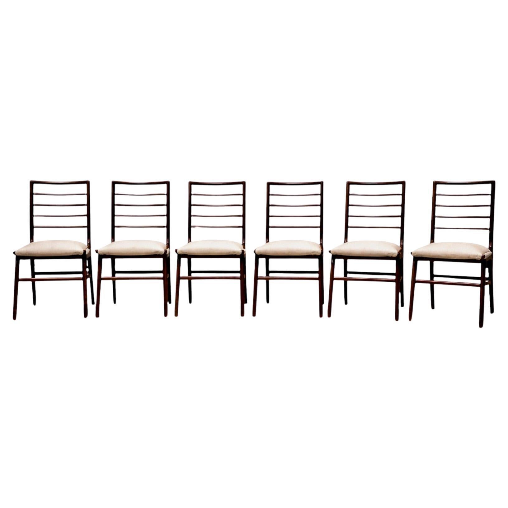 Ensemble de six chaises de salle à manger en bois dur et tissu, Giuseppe Scapinelli, Brésil, années 1950 en vente