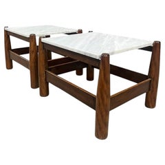 Brazilian Modern Side Tables Set in Imbuia hardwood and Marble top by Cimo 1950s