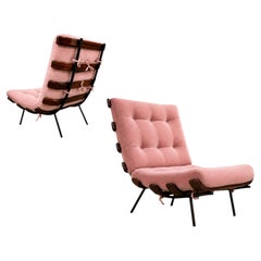 Moderner brasilianischer Sessel mit Holzlatten und Metallrahmen und rosa Samt, Pallar, 1950er Jahre