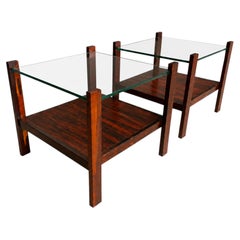 Brazilian Modern Pair of Square Side Tables in Rosewood and Glass, Brazil, 1960s