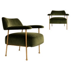 Joaquim Tenreiro's Brazilian Modern Armchairs in Aged Brass & Green Velvet, 1958