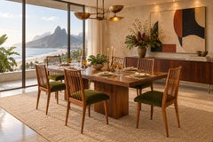 Set of Six Dining Chairs in Caviúna Wood & Green Mohair, Joaquim Tenreiro, 1955