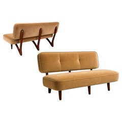 Brazilian Modern Sofa in Imbuia Wood & Champagne Camel Mohair, Cimo, 1950s