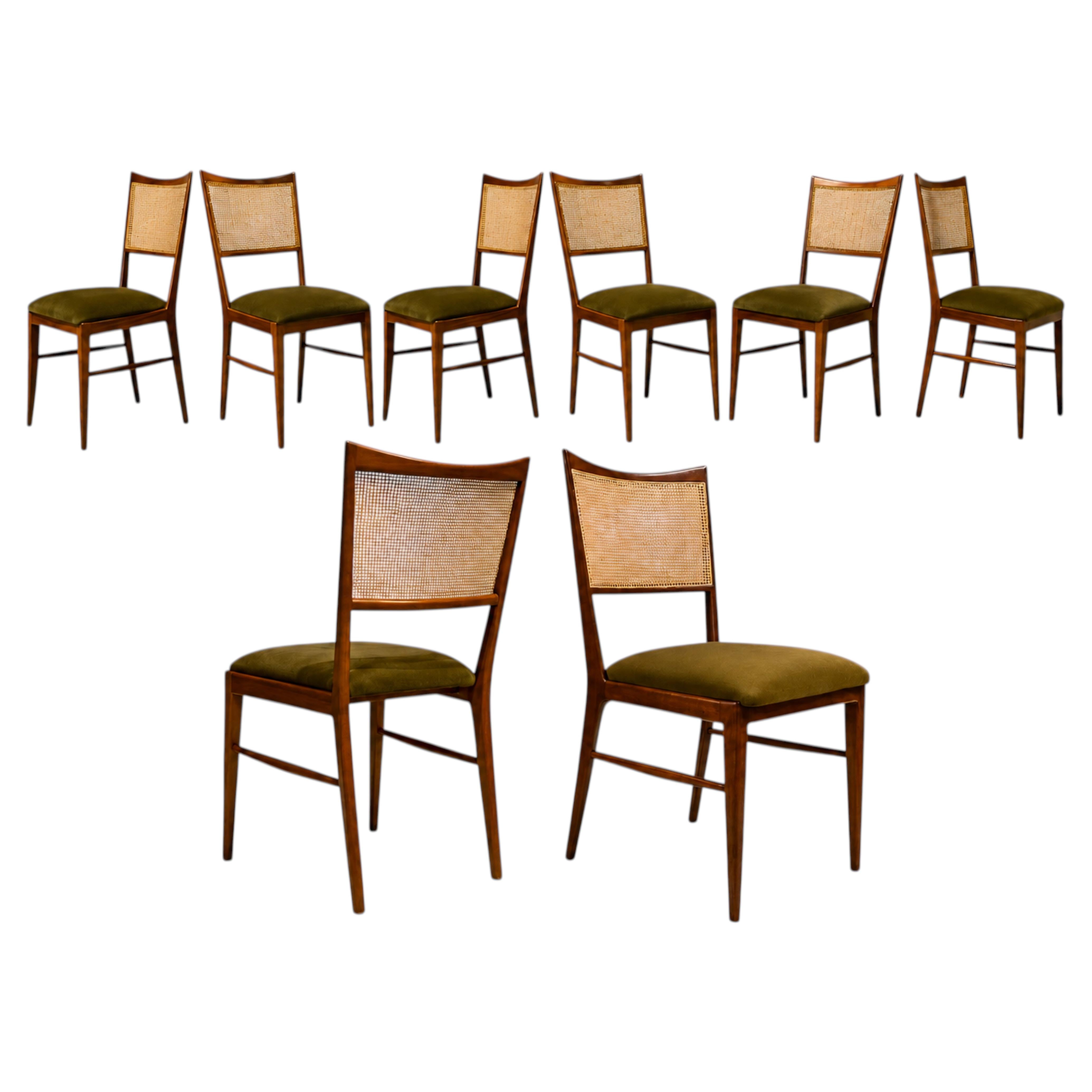 Lot de 8 chaises modernes brésiliennes en caviúna, rotin et mohair olive, Brésil, années 1960