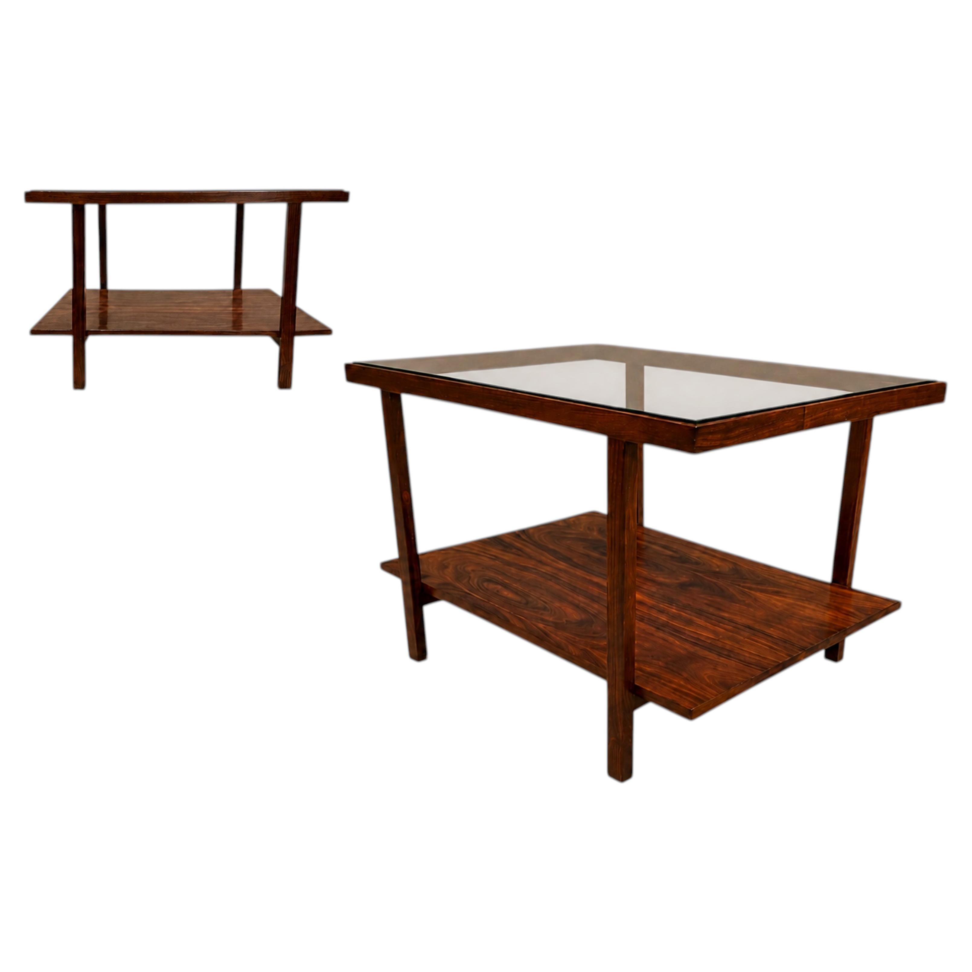 Brazilian Modern Rectangular Side Table in Rosewood & Glass, Branco e Preto For Sale