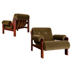 Brazilian Modern Pair of “Copa” Armchairs in Jatobá & Olive Mohair. Jean Gillon