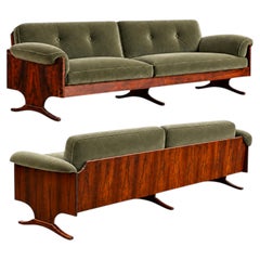 Brazilian Modern Sculpted Sofa in Rosewood & Celadon Mohair, Novo Rumo, 1960s