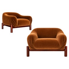 Pair of Brazilian Modern Rosewood Armchairs in Burnished Caramel Mohair, Cimo