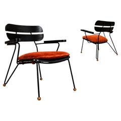 Pair of Brazilian Modern Armchairs in Wood, Metal & Velvet, Carlo Hauner, 1950s
