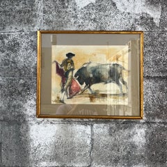 Dibujo original de mediados de siglo, realizado con acuarela y tinta, enmarcado y firmado por el artista.