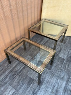 A Pair of Brass and Wicker Side Tables in the Milo Baughman Style. C 1970s