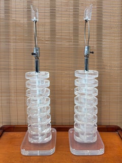 A Pair of Mid Century Modern Stacked Lucite Blocks Table Lamps. Circa 1970s