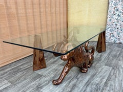 Hollywood Regency Mottled Bronze Ceramic Panthers Pedetal Coffee Table. C 1970s