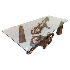 Hollywood Regency Mottled Bronze Ceramic Panthers Pedetal Coffee Table. C 1970s