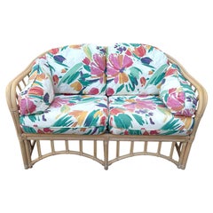 Vintage 1990s Bohemian Coastal Style Rattan Loveseat by Bench Craft Furniture.