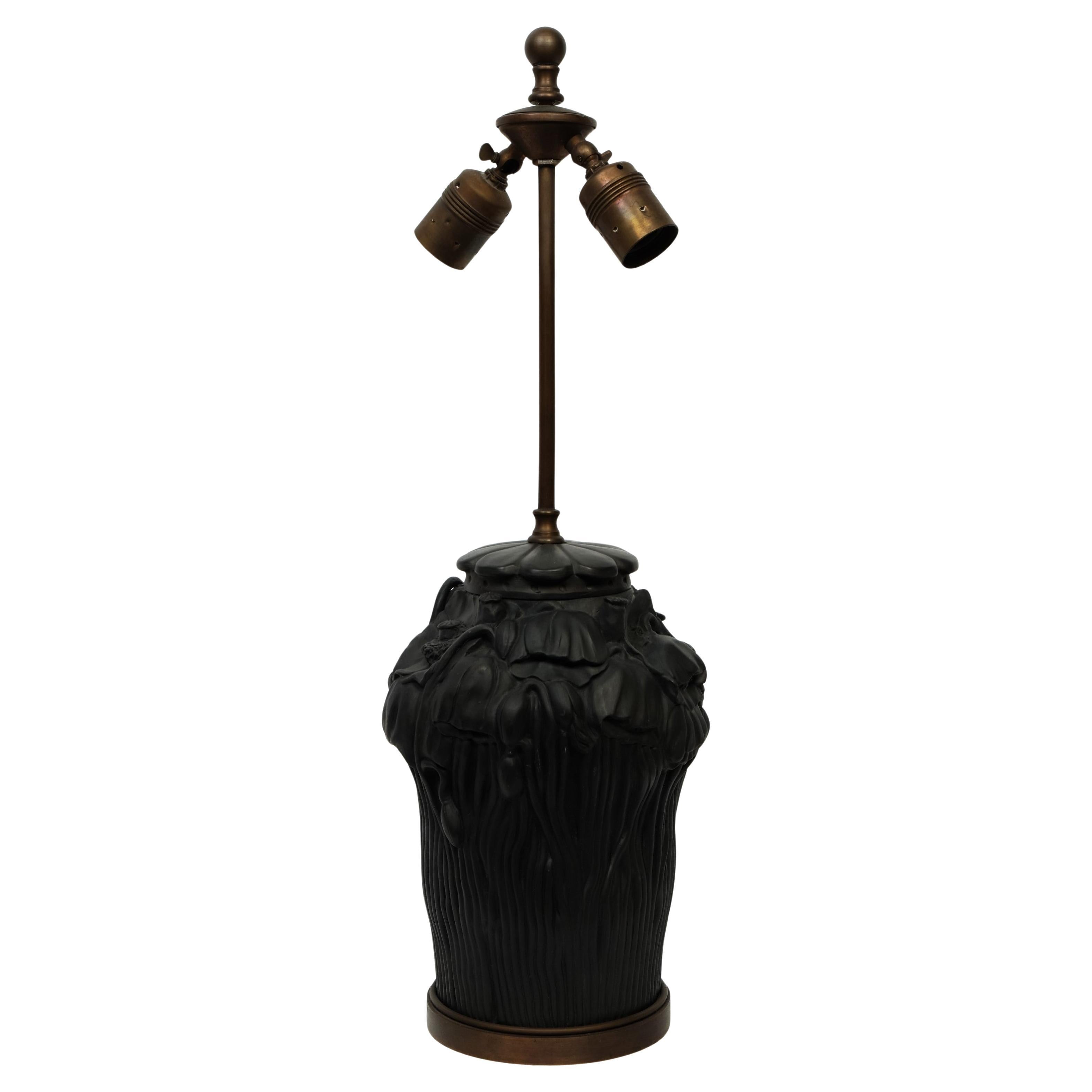 Art Nouveau Black Terracotta Table Lamp Floral Decor by L. Hjorth, Denmark 1920s