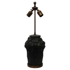 Art Nouveau Black Terracotta Table Lamp Floral Decor by L. Hjorth, Denmark 1920s