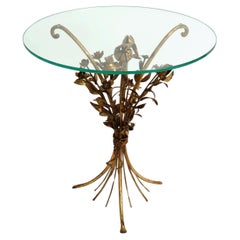 Hollywood Regency Gilt Metal Flowers Bouquet Side Table, Italy 1970s