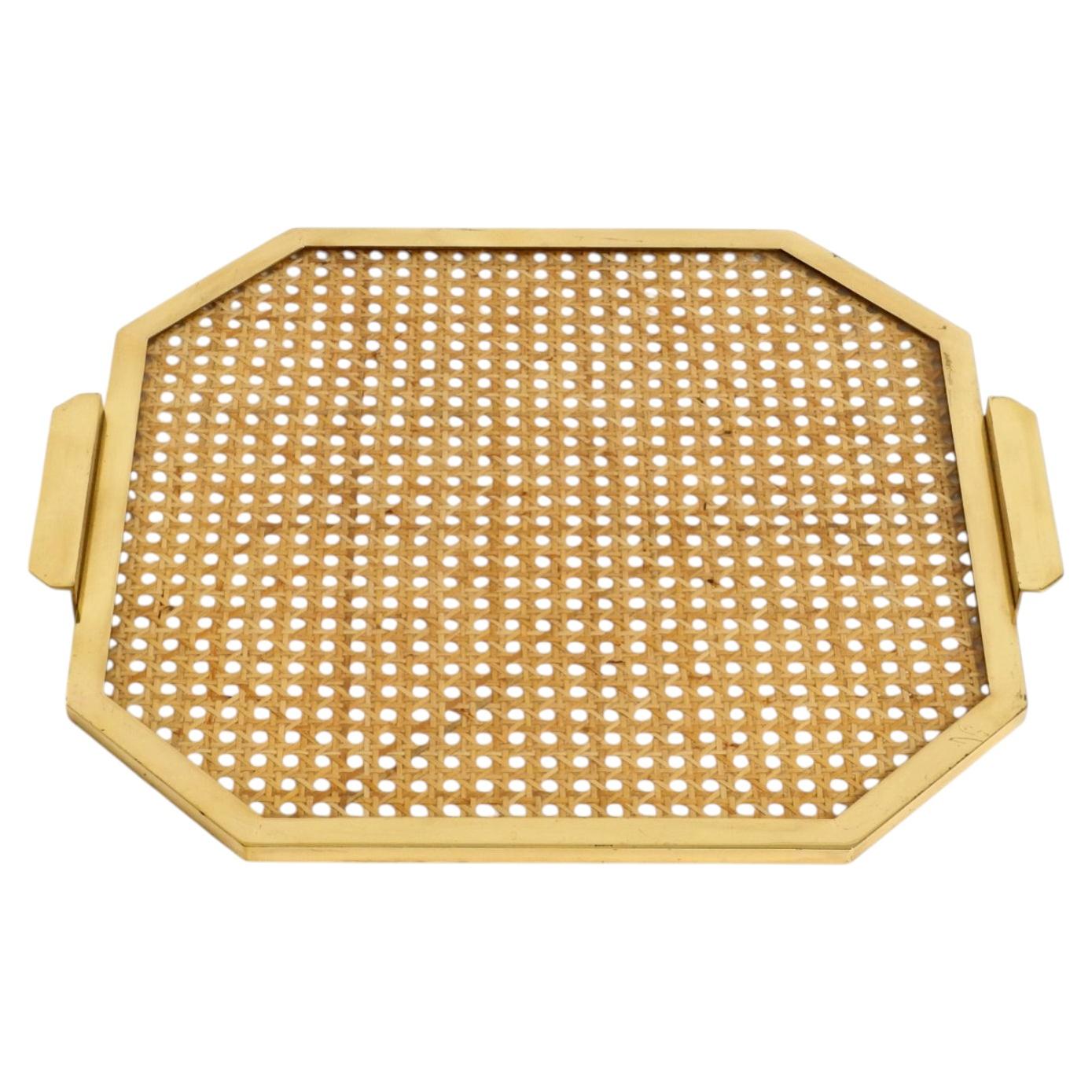 Octagonal Brass Serving Tray in Christian Dior Style, Lucite/Wicker, Italy 1970s For Sale