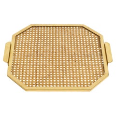 Octagonal Brass Serving Tray in Christian Dior Style, Lucite/Wicker, Italy 1970s