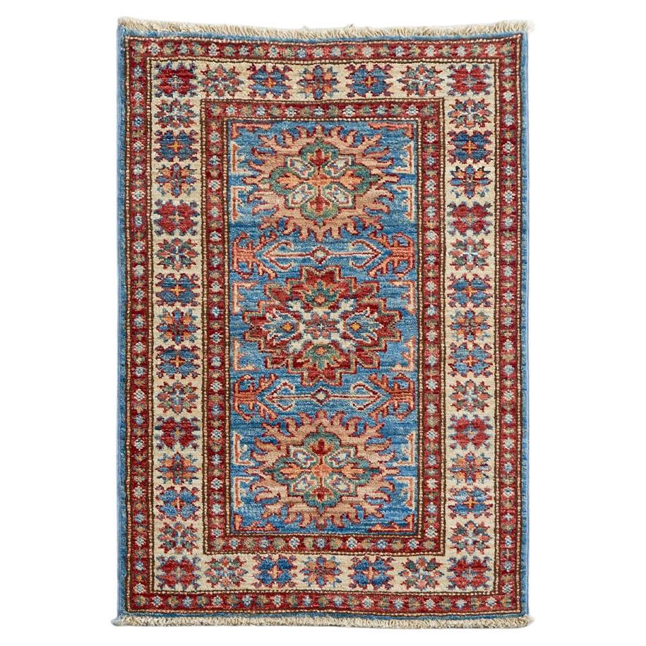 Middle Eastern Blue and Red Mini Wool Kazak Rug