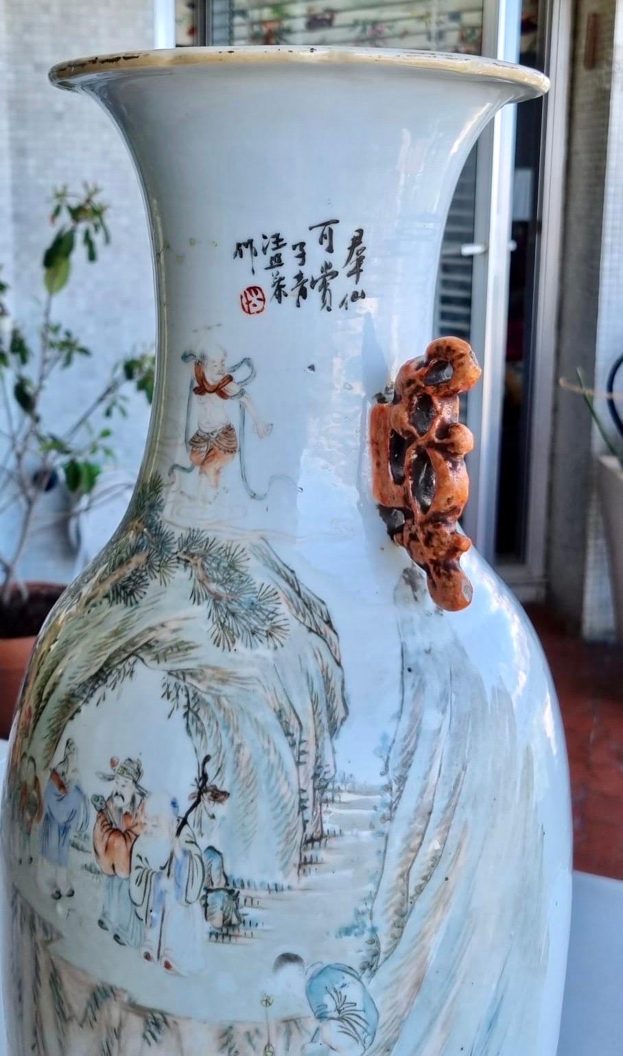 Large 19th Century Chinese Canton Ceramic vases/ lamps with signature  2