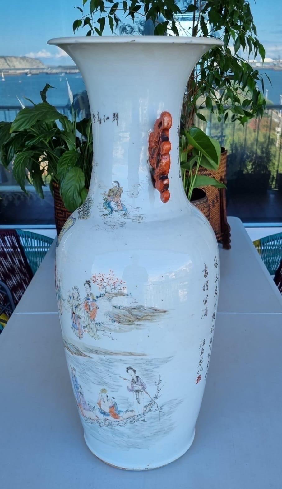 Large 19th Century Chinese Canton Ceramic vases/ lamps with signature  1