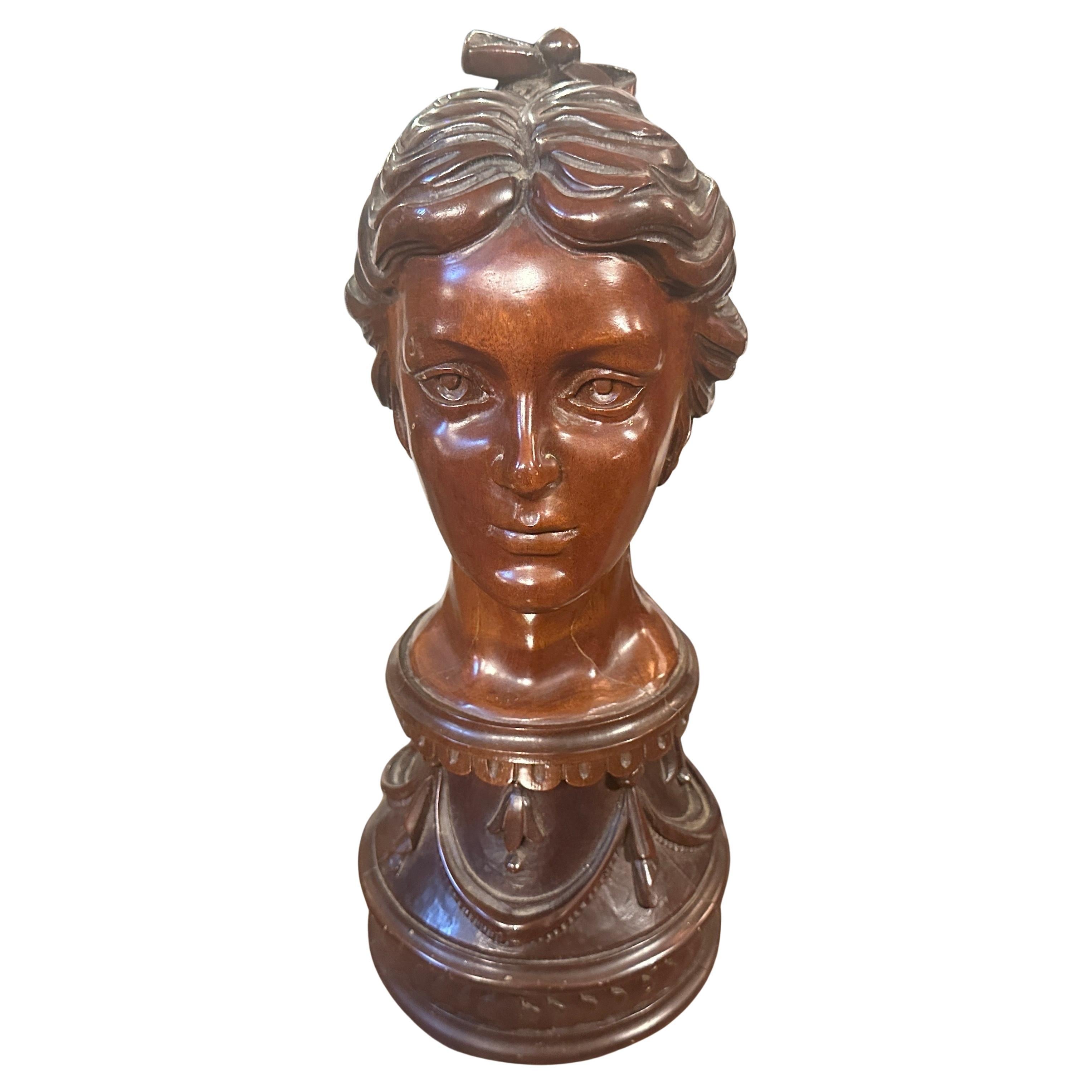 A Sicilian Art Nouveau Wood Sculpture of a Bust of a Young Woman